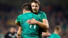 Ireland’s Iain Henderson and Jacob Stockdale embrace after the game against New Zealand at the Aviva on Saturday. Photograph: INPHO/Oisin Keniry