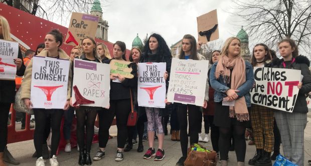 Women in Belfast protest  after a barrister drew attention to a female complainant’s choice of underwear. Photograph: Pacemaker 