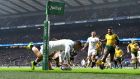Jonny May scores England’s  first try during the autumn international against Australia at Twickenham. Photograph:   Dan Mullan/Getty Images