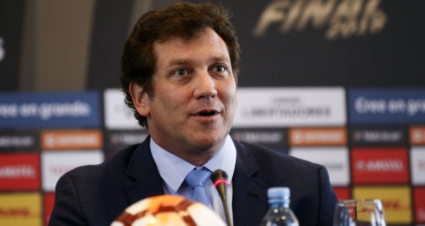  Conmebol president   Alejandro Dominguez speaks during a press conference in Buenos Aires. Photograph:   Agustin Marcarian/Getty Images