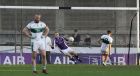 Kilmacud’s David Nestor saves a penalty from Craig Rogers of Portlaoise that would have drawn the game. Photograph: Lorraine O’Sullivan/Inpho