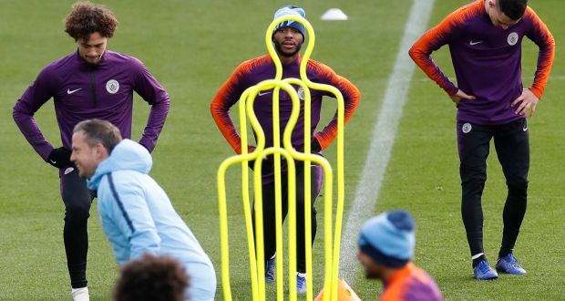 Manchester City’s Raheem Sterling trains ahead of his side’s trip to play Lyon. Photograph: Martin Rickett/PA