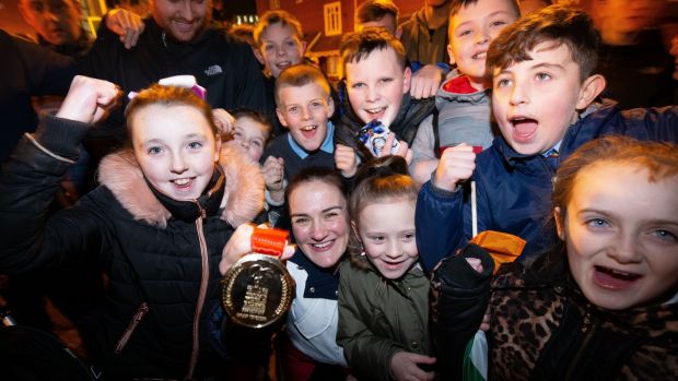 Civic Reception for Kellie Harrington. with local fans at a Homecoming reception on Sean McDermott Street. Photograph: Tom Honan.
