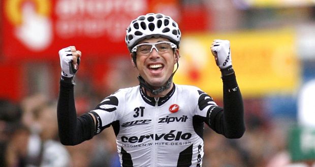 Philip Deignan celebrates his stage victory in the 2009 Vuelta a España. Photograph: Inpho/Getty