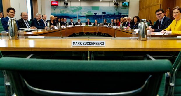 Mark Zuckerberg’s empty chair in the committee room in the House of Commons where he had been invited to answer question from parliamentarians from nine countries. 