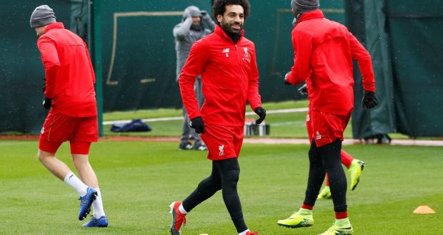  Liverpool’s Mohamed Salah during training ahead of his side’s Champions League clash with PSG. Photograph:  Jason Cairnduff/Reuters