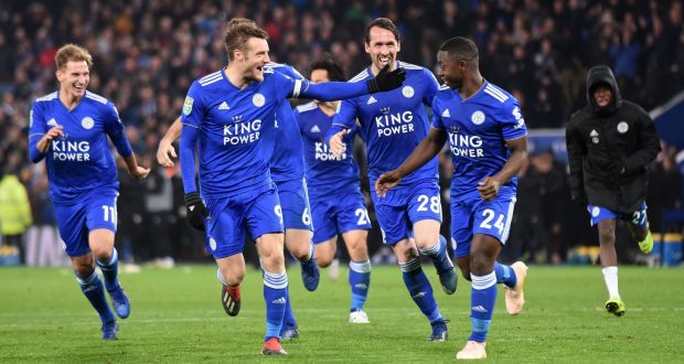 Leicester City celebrate Nampalys Mendy’s winning penalty against Southampton. Photograph: Joe Giddens/PA 