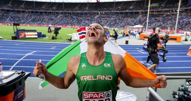 Ireland’s Thomas Barr celebrates winning bronze at the European Athletics Championships in Berlin. Photo: Morgan Treacy/Inpho