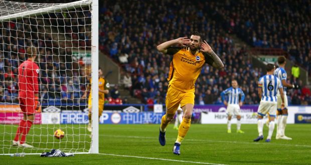 Brighton & Hove Albion’s Shane Duffy celebrates scoring his side’s first goal. Photograph: Dave Thompson/PA Wire.  