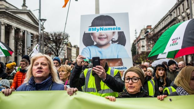 Protesters gather in Dublin at a “Homes for all” rally to draw attention to homelessness and the lack of affordable housing in the country. Photograph: James Forde for the Irish Times