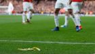 A banana thrown from the crowd after Arsenal’s Gabonese striker Pierre-Emerick Aubameyang scores his second goal against Tottenham. Photograph: Getty Images