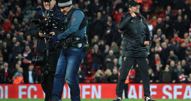 Jurgen Klopp ran onto the pitch following Liverpool’s late win over Everton. Photograph: Peter Byrne/PA