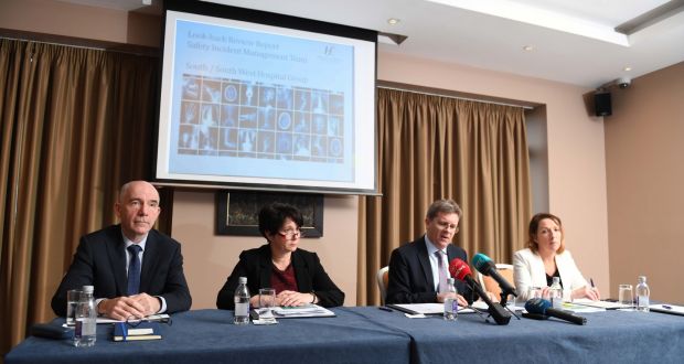General manager of UHK Fearghal Grimes, UHK clinical director Dr Claire O’Brien, chairman of the review Dr Gerard O’Callaghan  and Celia Cronin of the South/South West Hospital Group presenting their findings yesterday. Photograph:  Domnick Walsh/Eye Focus