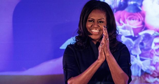 Former US first lady Michelle Obama on stage at Elizabeth Garrett Anderson School in London. Photograph: Jack Taylor/Getty Images