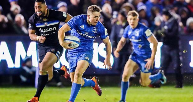 Jordan Larmour races clear to score Leinster’s match-winning try against Bath. Photograph: Tommy Dickson/Inpho