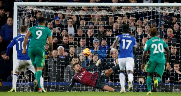  Watford’s Ben Foster saves a penalty from Everton’s Gylfi Sigurdsson. Photograph: Reuters