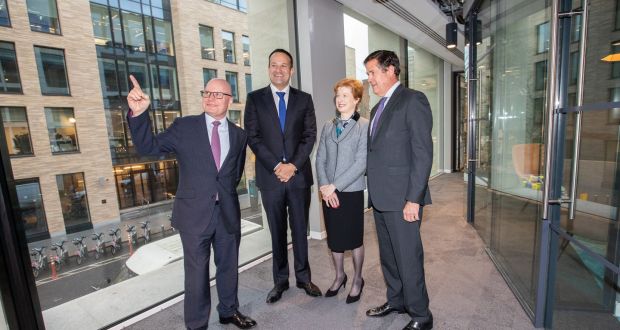 Kevin Wall, chief executive, Barclays Bank Ireland; Helen Keelan, chairperson, and Jes Staley, Barclays group chief executive, show Leo Varadkar around the bank’s new Dublin office. Photograph: Naoise Culhane