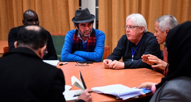 UN special envoy to Yemen Martin Griffiths (third from right) takes part in a work group  as part of peace consultations taking place at Johannesberg Castle in Rimbo, north of Stockholm, Sweden, on Wednesday. Photograph:  Jonathan Nackstrand/AFP/Getty Images