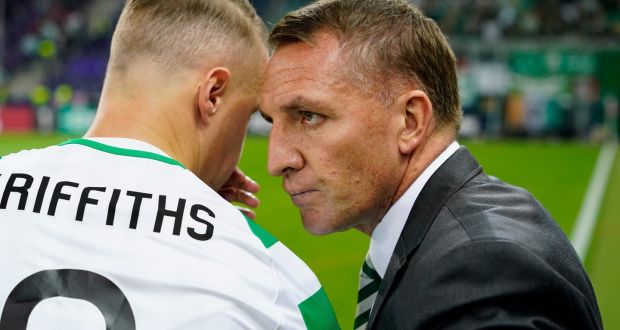 Celtic striker Leigh Griffiths with head coach Brendan Rodgers: “We are going to give him all the professional help he possibly needs to get himself to a good place again.” Photograph: Michael Molzar/Getty Images