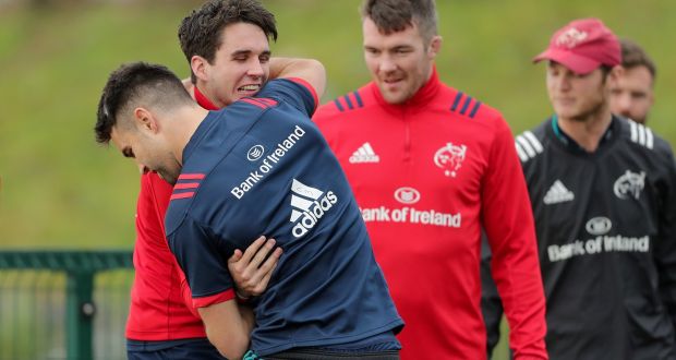 Joey Carbery and Conor Murray during Munster training. Photograph: Laszlo Geczo/Inpho