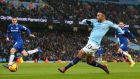 Gabriel Jesus opens the scoring for Manchester City against Everton. Photograph: Alex Livesey/Getty
