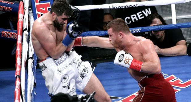 Saúl ‘Canelo’ Álvarez  throws body blows to  Michael ‘Rocky’ Fielding  during the WBA super-middleweight fight  at Madison Square Garden in New York. Photograph: Peter Foley/EPA