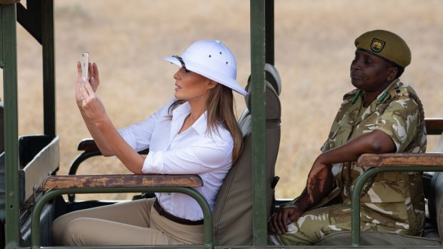 Melania in a pith helmet on safari in Kenya. Photograph: Saul Loeb/AFP/Getty Images