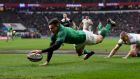 Jacob Stockdale leads the way  for Ireland with 10 tries, including this one against England in this year’s Six Nations.  Photograph:  Shaun Botterill/Getty Images)