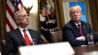 US president Donald Trump (r) next to Jim Mattis, former US secretary of defence, during a briefing last October. Photographer: Al Drago/Bloomberg