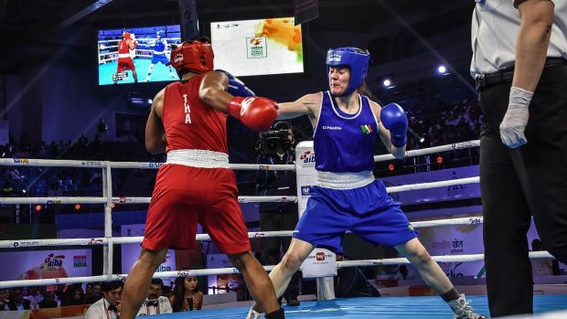 Kellie Harrington in action against Sudaporn Seesondee of Thailand during the final in India. Photo: AIBA