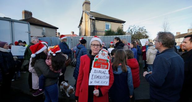 Una Gildea at a protest over an unauthorised demolition that has left her  Dublin 8 house exposed. Photograph: Nick Bradshaw