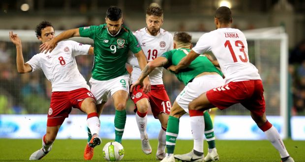 Poor performance: Republic of Ireland’s Shane Long with Thomas Delaney and Lasse Schone of Denmark in UEFA league game in October. Photograph: INPHO/Ryan Byrne