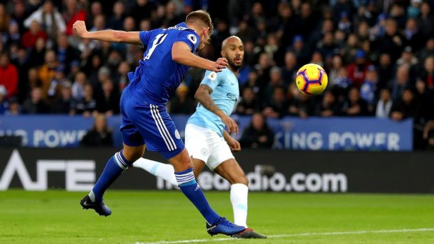 Marc Albrighton of Leicester City scores against Manchester City at The King Power Stadium. Photograph: Catherine Ivill/Getty Images