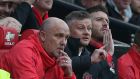  Manchester United’s manager Ole Gunnar Solskjaer with Mike Phelan and Michael Carrick in the Old Trafford dugout. Photograph: EPA