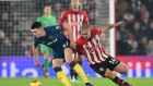 West Ham United’s Irish midfielder Declan Rice in action against Southampton’s Oriol Romeu at St Mary’s Stadium. Photograph: Getty Images