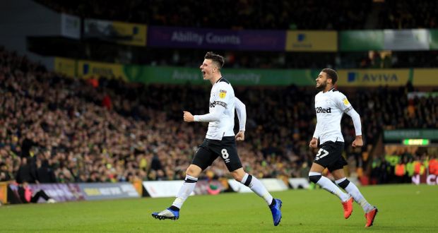Mason Mount of Derby County celebrates scoring his side’s second goal during the Championship win over Norwich at Carrow Road. Photo: Stephen Pond/Getty Images
