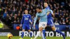 Bernardo Silva scores Manchester City’s first goal against Leicester on December 26th. Photograph: Darren Staples/Reuters