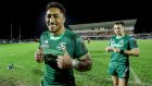 Bundee Aki celebrates Connacht’s victory over Ulster at the Sportsground. Photograph: Dan Sheridan/Inpho