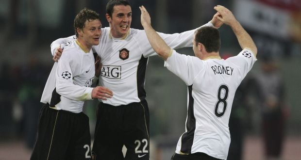 John O’Shea celebrates with Ole Gunnar Solskjær and Wayne Rooney  after scoring the equalising goal against Roma at the Stadio Olimpico during the Champions League quarter-final in April 2007. Photograph:   Alex Livesey/Getty Images