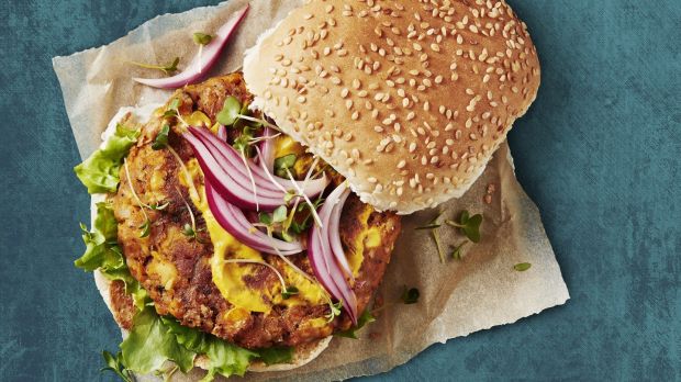 Sweetcorn and chickpea burgers from the new Plant Kitchen vegan range at M&S