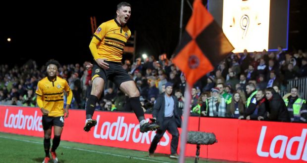 Newport County’s Padraig Amond celebrates his winning penalty against Leicester. Photograph: Nick Potts/PA
