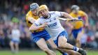 Waterford’s Jack Prendergast and David McInerney of Clare in action during  the Munster Senior Hurling League game at Fraher Field in Dungarvan. Photograph: Laszlo Geczo/Inpho