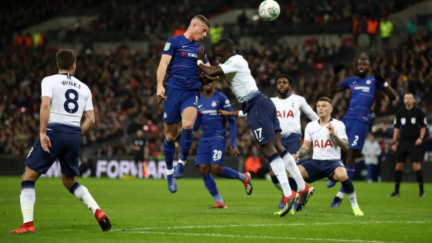 Ross Barkley of Chelsea wins a header over Moussa Sissoko of Tottenham Hotspur during the Carabao Cup semi-final first leg at Wembley Stadium. Photograph: Julian Finney/Getty Images