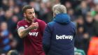 Marko Arnautovic of West Ham arguing with manager Manuel Pellegrini  when substituted during  an FA Cup  match against Birmingham City at the London Stadium on January 5th. Photograph:  Alex Morton/Getty Images
