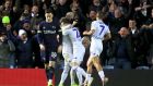 Leeds celebrate after Jack Harrison scored their second against Derby County. Photograph: Simon Cooper/PA