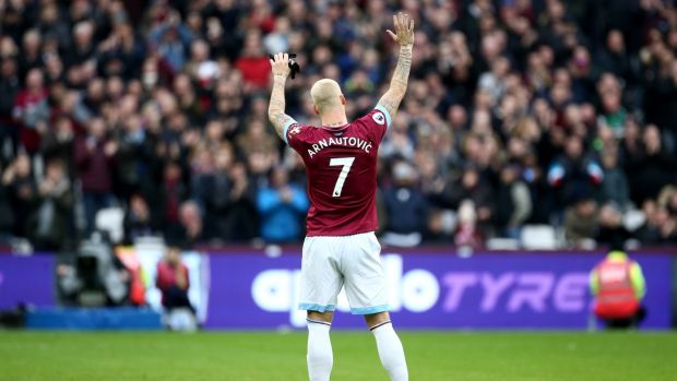 West Ham United’s Marko Arnautovic waves to the crowd as he is substituted at London Stadium. Photograph: PA