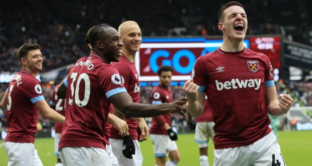 Declan Rice of West Ham United celebrates his goal against Arsenal at London Stadium. Photograph: Marc Atkins/Getty Images