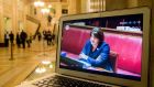 A laptop in Stormont shows a live feed of DUP leader Arlene Foster giving evidence to the RHI inquiry on the “cash for ash” scandal. Photograph: Liam McBurney/PA Wire 