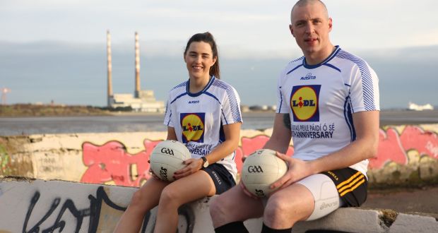 Former Kerry star Kieran Donaghy and Dublin All-Ireland winner Lyndsey Davey Pictured at Dublin’s Sandymount Strand for the launch of the Lidl Comórtas Peile Páidi Ó Sé 2019 GAA Football Festival, which takes place in the Dingle Peninsula from 15th to 17th February. Photograph: Thomas White
