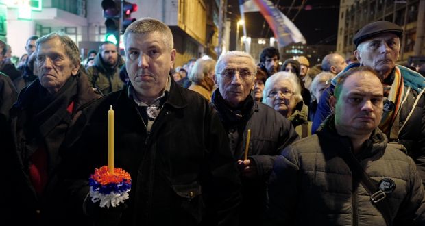 People attend a march in Belgrade, Serbia  on the first anniversary of the murder of opposition Serb politician Oliver Ivanovic   in the town of Mitrovica in Kosovo. Photograph: Kevin Coombs/Reuters 
